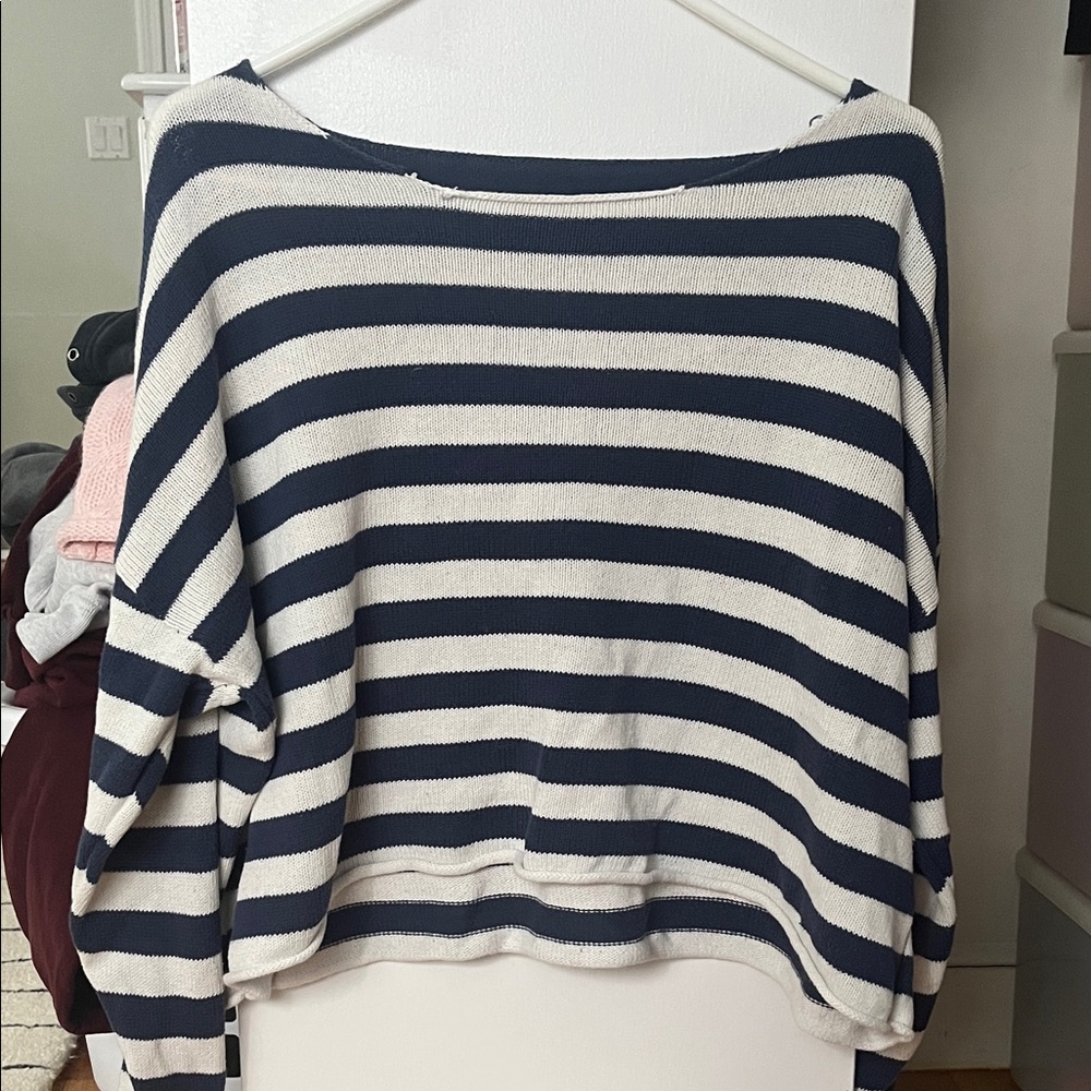 Edikted Navy and White Striped Off-the-Shoulder Sweater